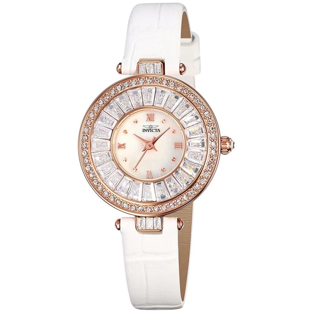 Invicta Celestial Lady 30mm Rose Gold Case Pearl Dial White Genuine Leather Band